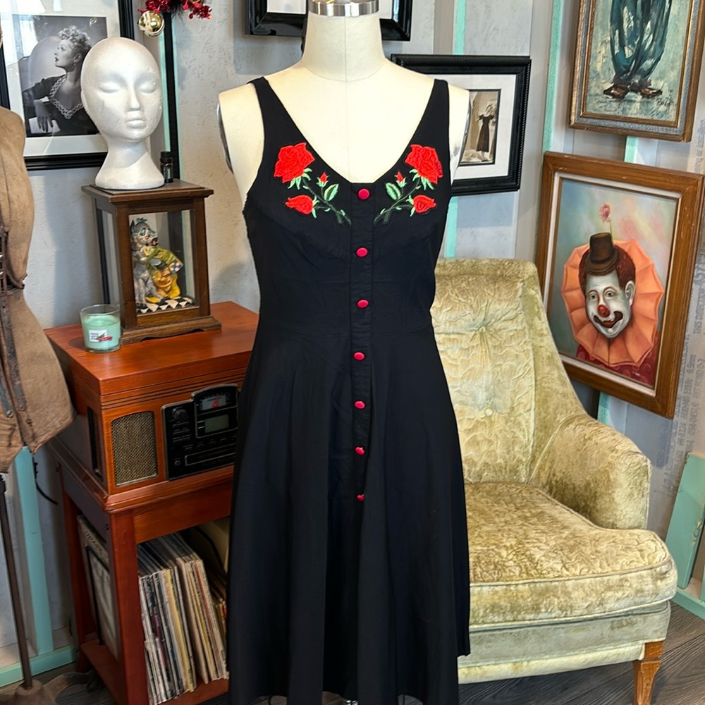 Black Midi Dress with Red Floral Embroidery